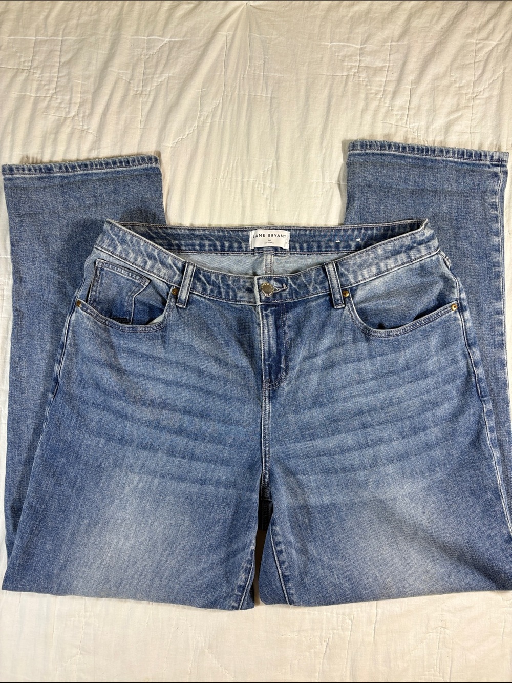 Lane Bryant Womens 14L Mid Rise Dreamfeel Patched Boyfriend Jeans Tall Blue Long